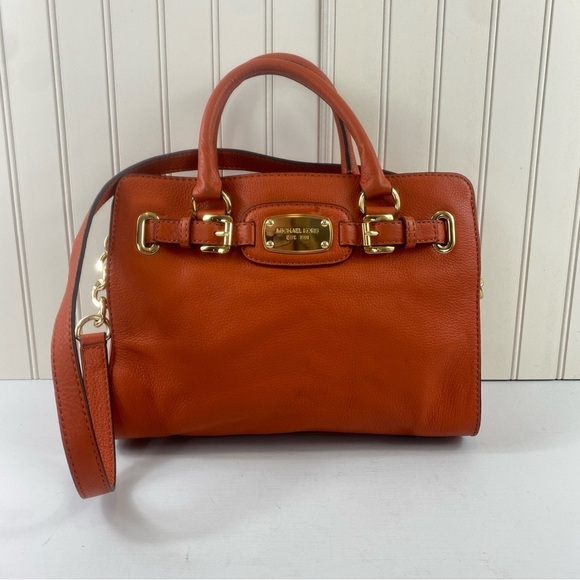 Michael Kors Hamilton Orange Pebble Leather Gold Chain Satchel Shoulder BagPurse - Picture 3 of 16